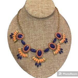 Etc. necklace, beaded, navy blue and neutral colors, gold tone chain.